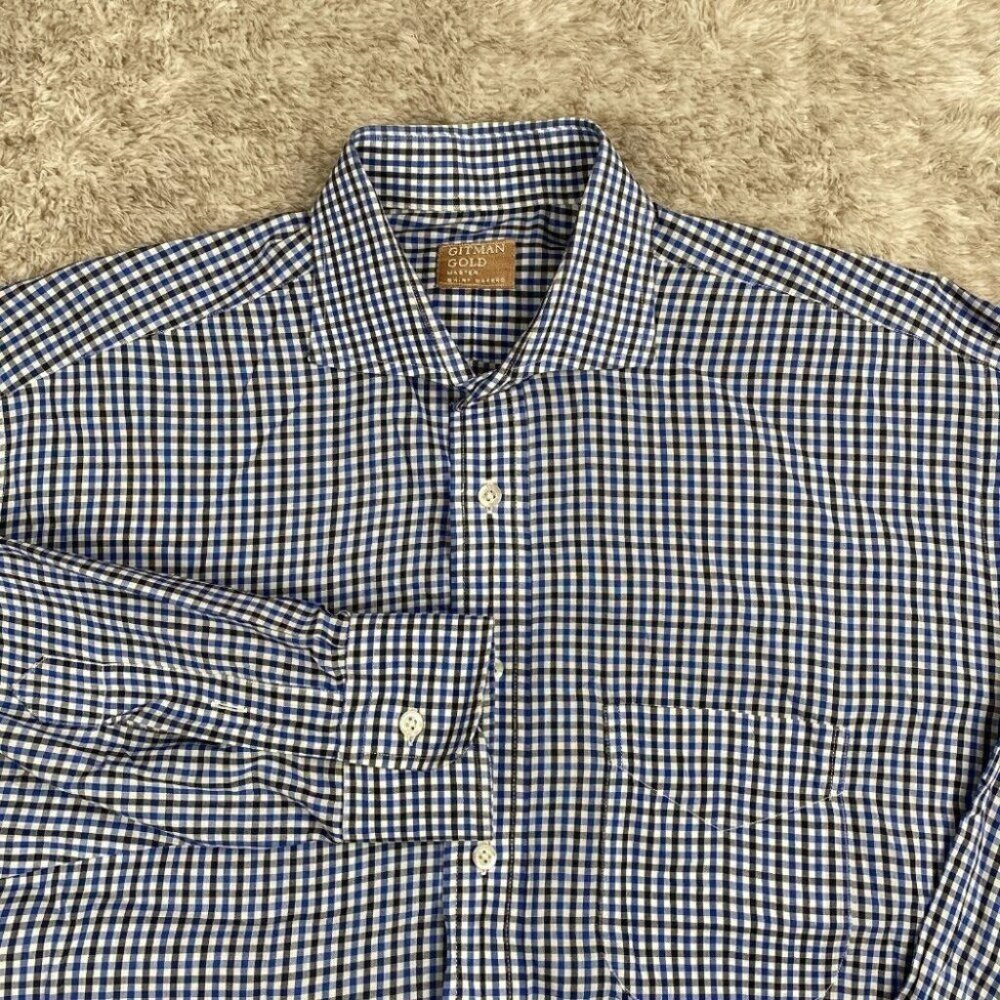 Gitman Gold Button Shirt Mens 17 - 34 Blue/Black Gingham Plaid Dress Casual USA